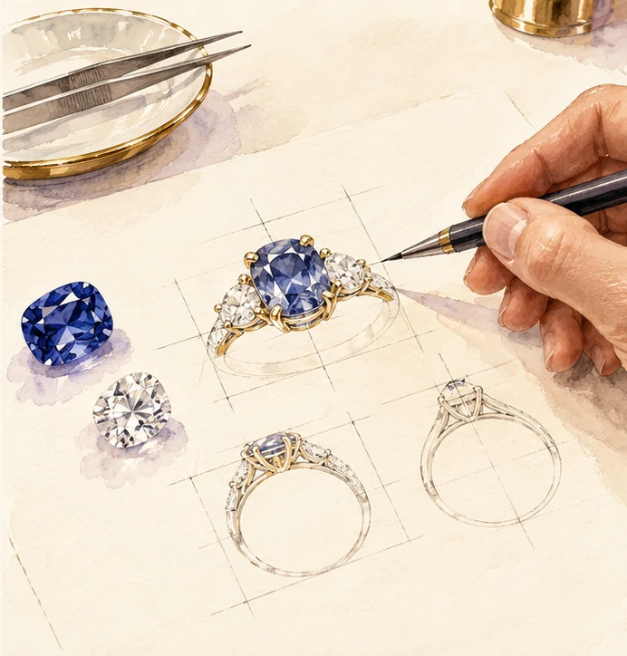A gemstone and ring design sketch