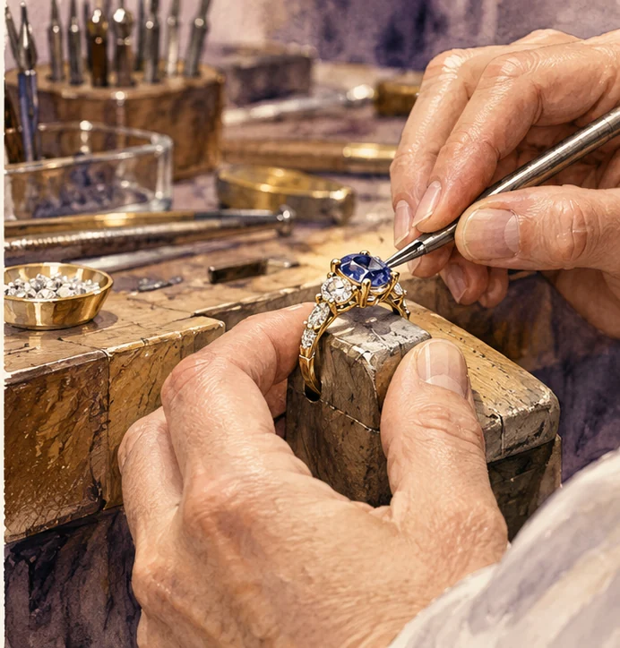 A jeweler setting a gemstone by hand
