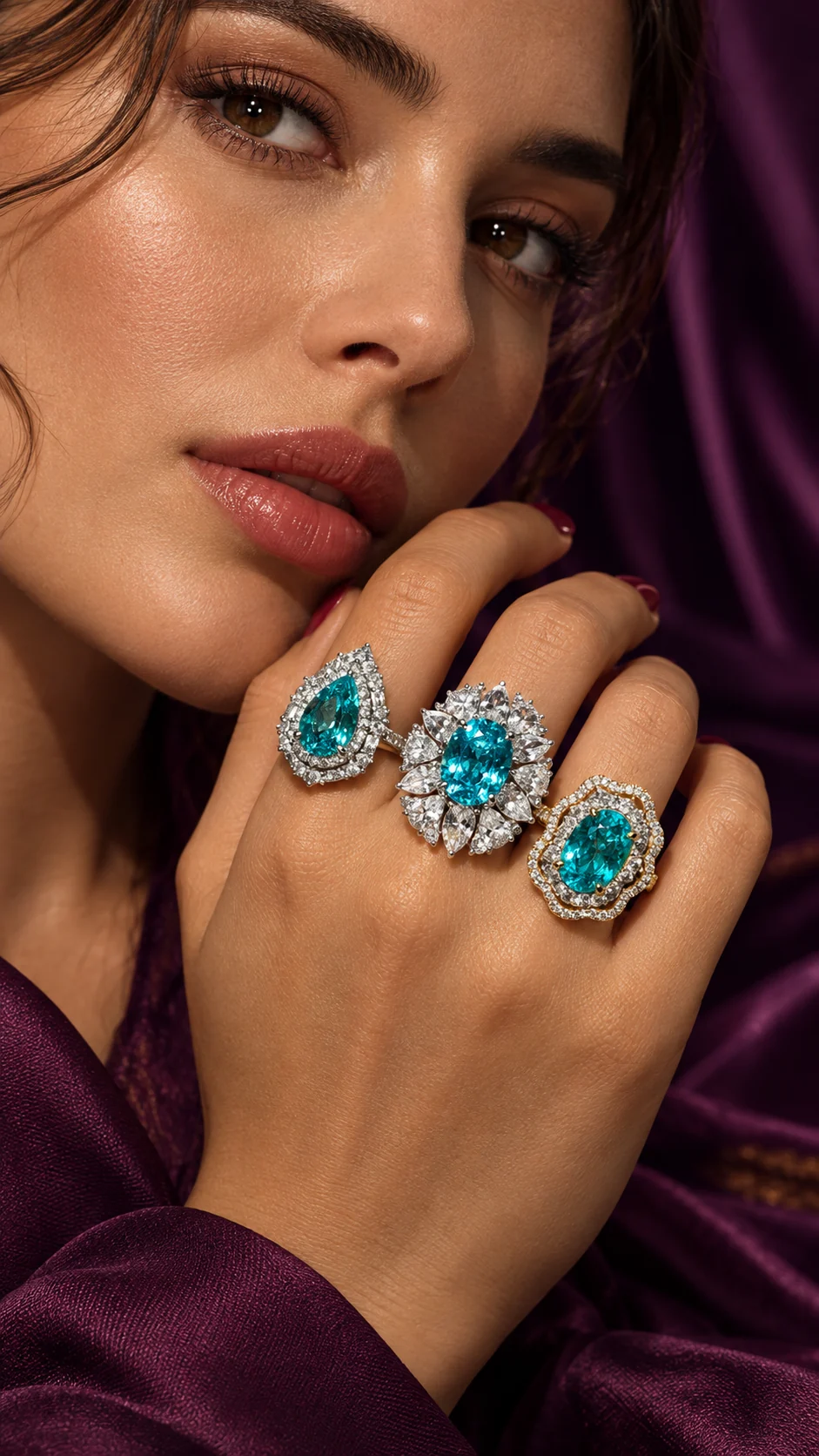 Editorial portrait with turquoise gemstone rings