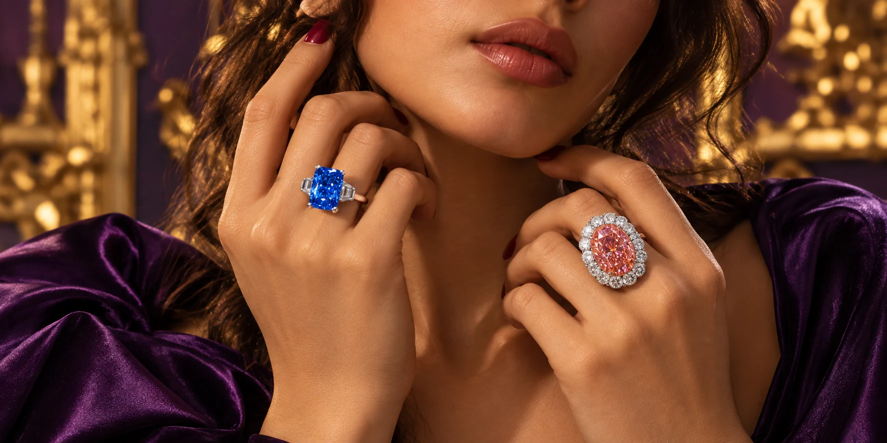 Editorial portrait with blue and pink gemstone rings