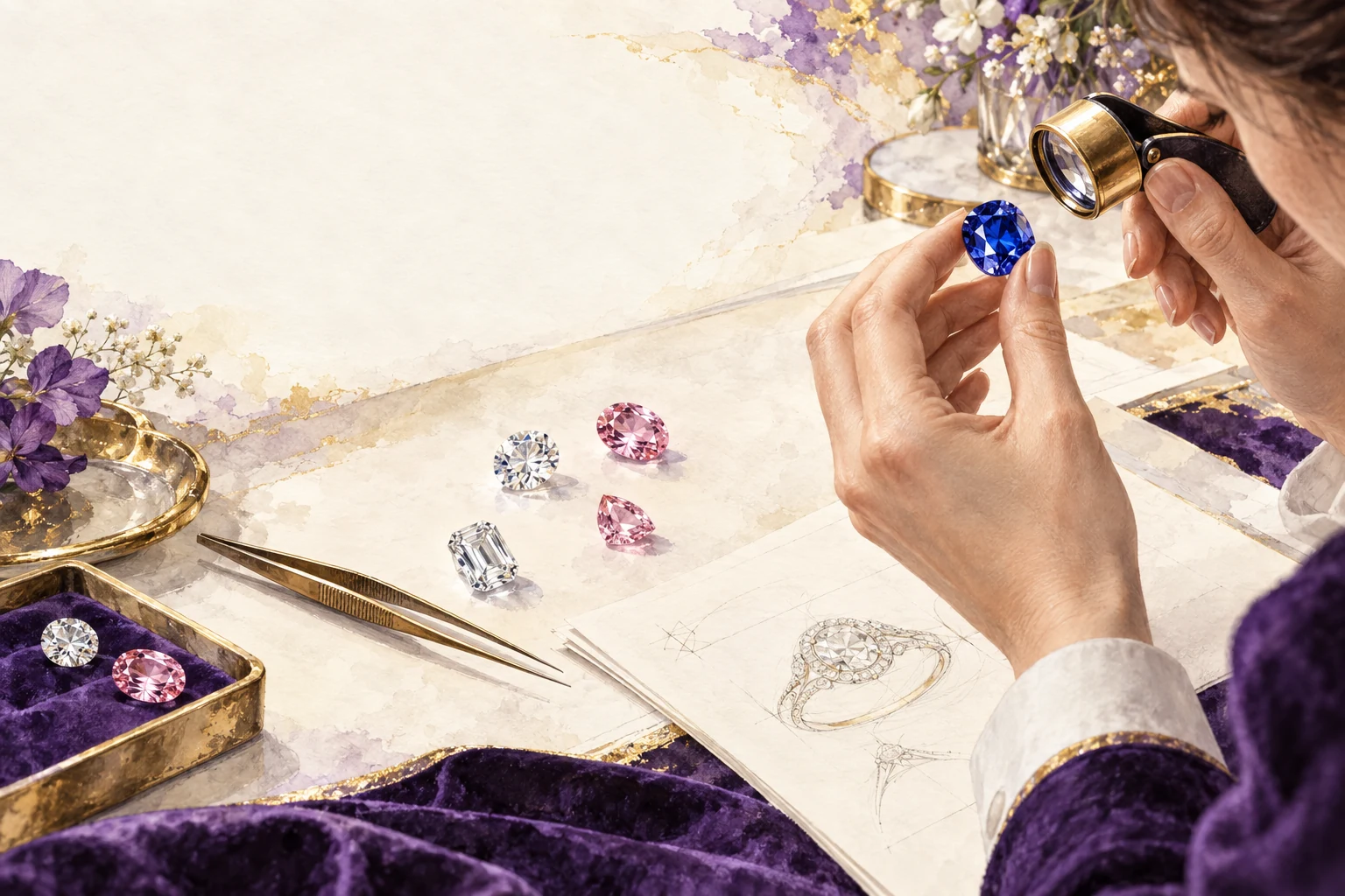 Illustration of a gemstone being examined with a loupe alongside individually selected stones